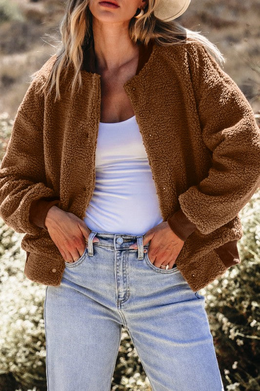 Burl Sherpa Ribbed Baseball Collar Bomber Jacket