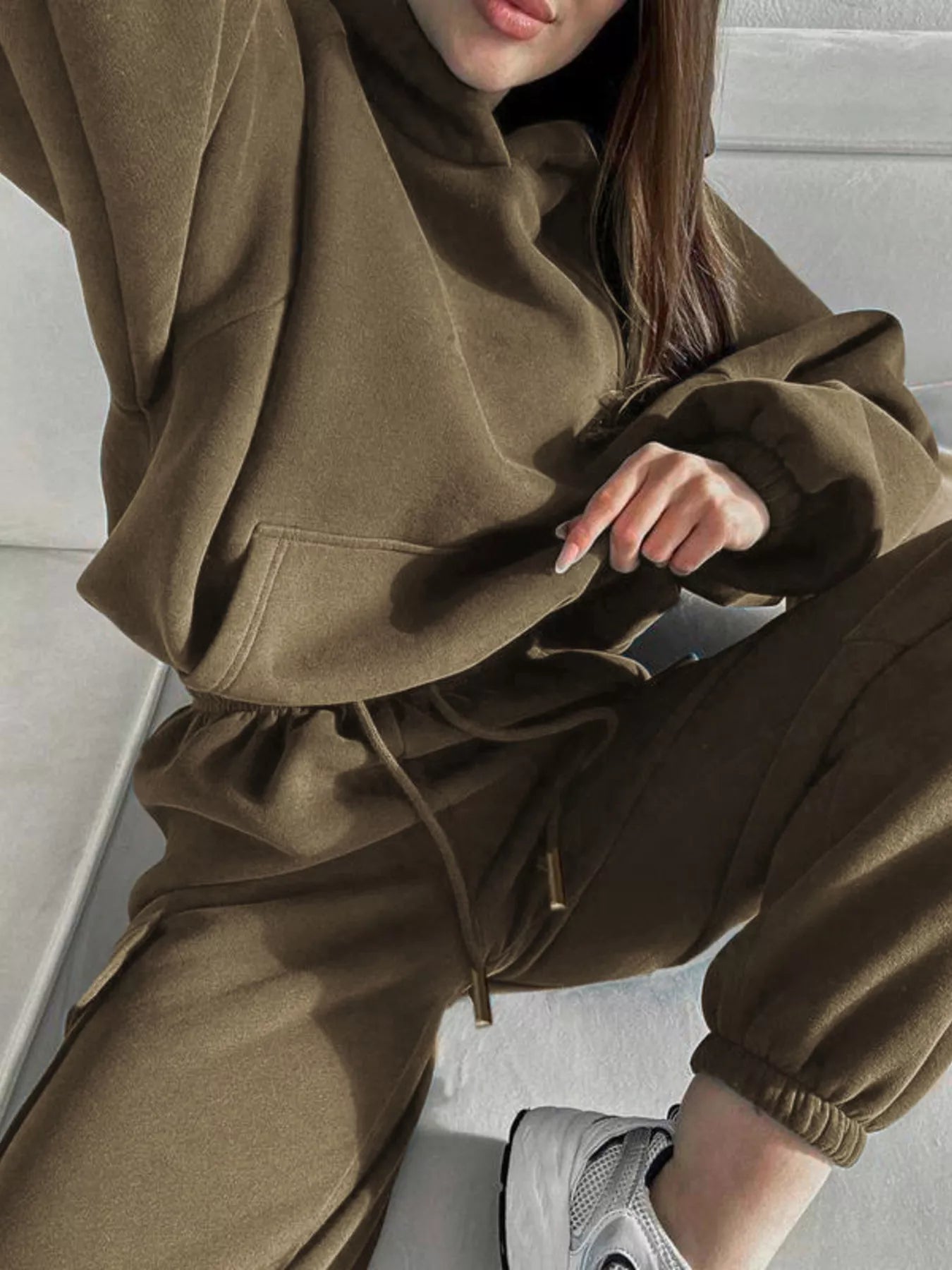 Kangaroo Pocket Hoodie and Joggers Set Trendsi