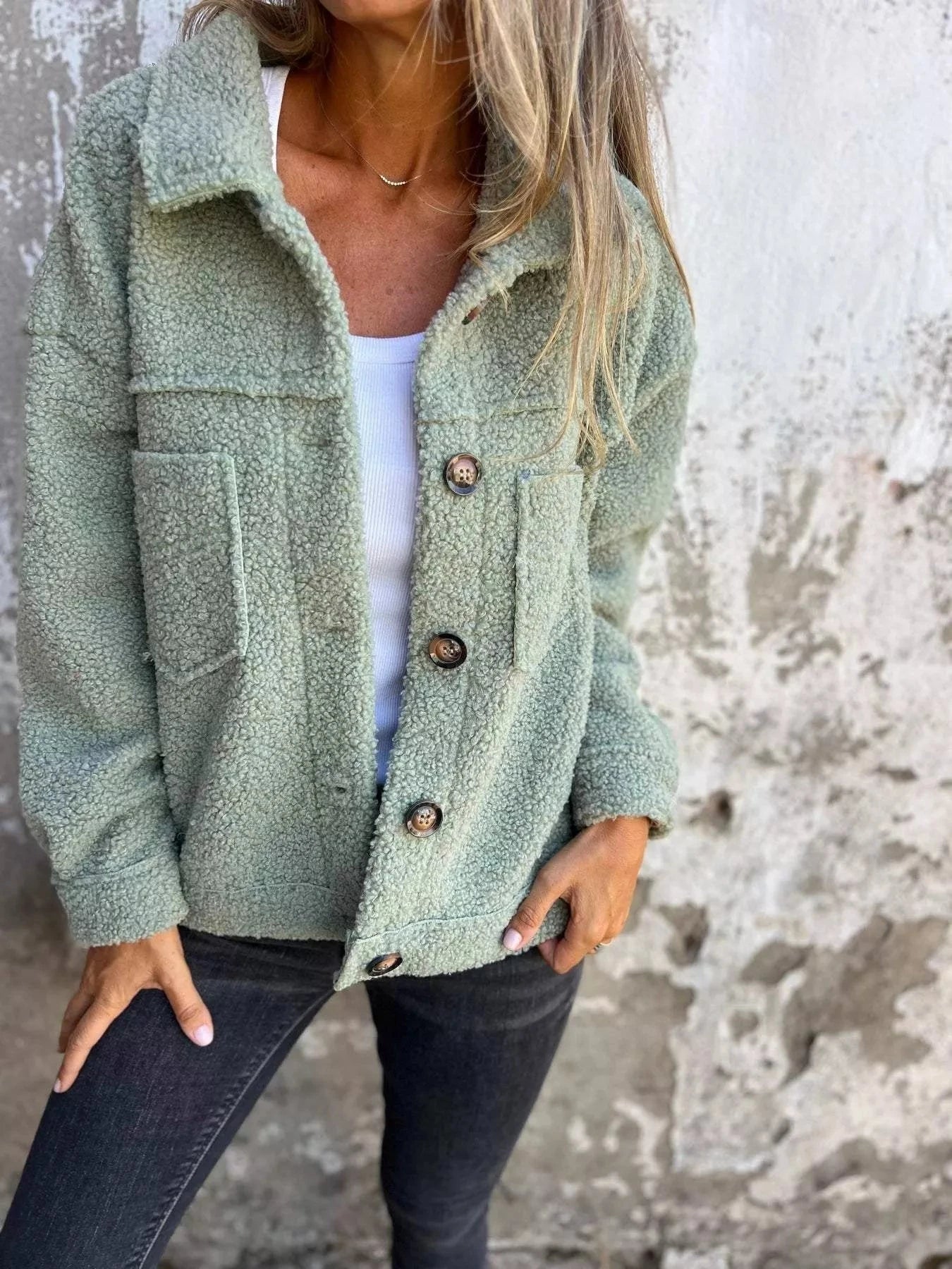 Full Size Single-Breasted Sherpa Shacket Plus Size Trendsi