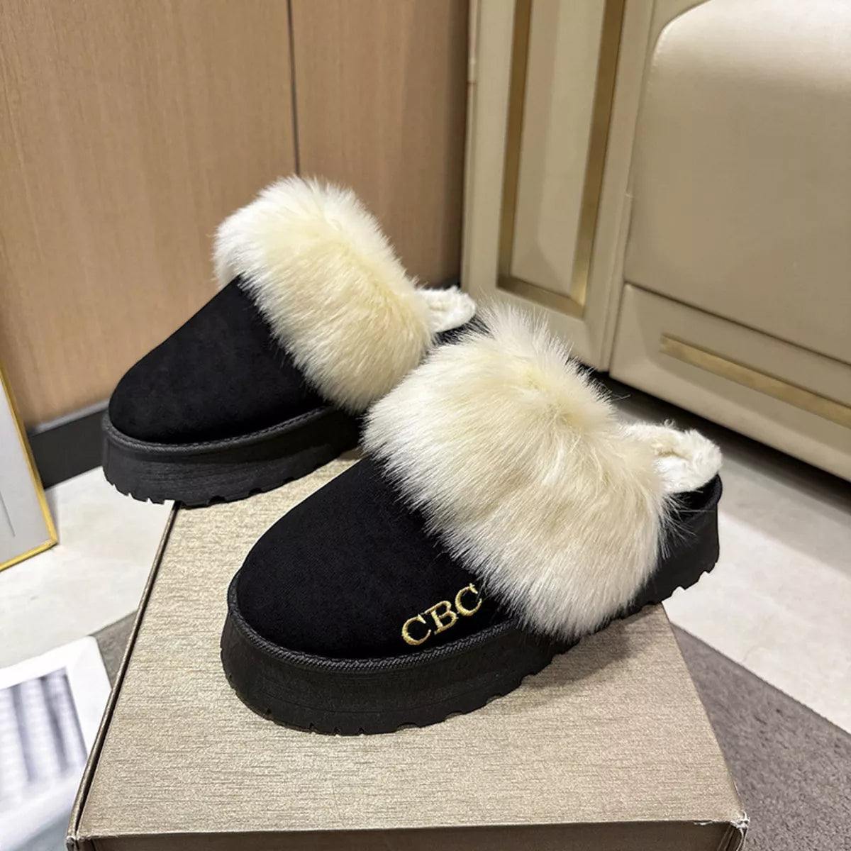 Furry Platform Slippers Trendsi