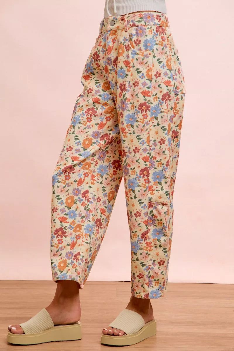 BiBi Washed Floral Printed Twill Barrel Pants Trendsi