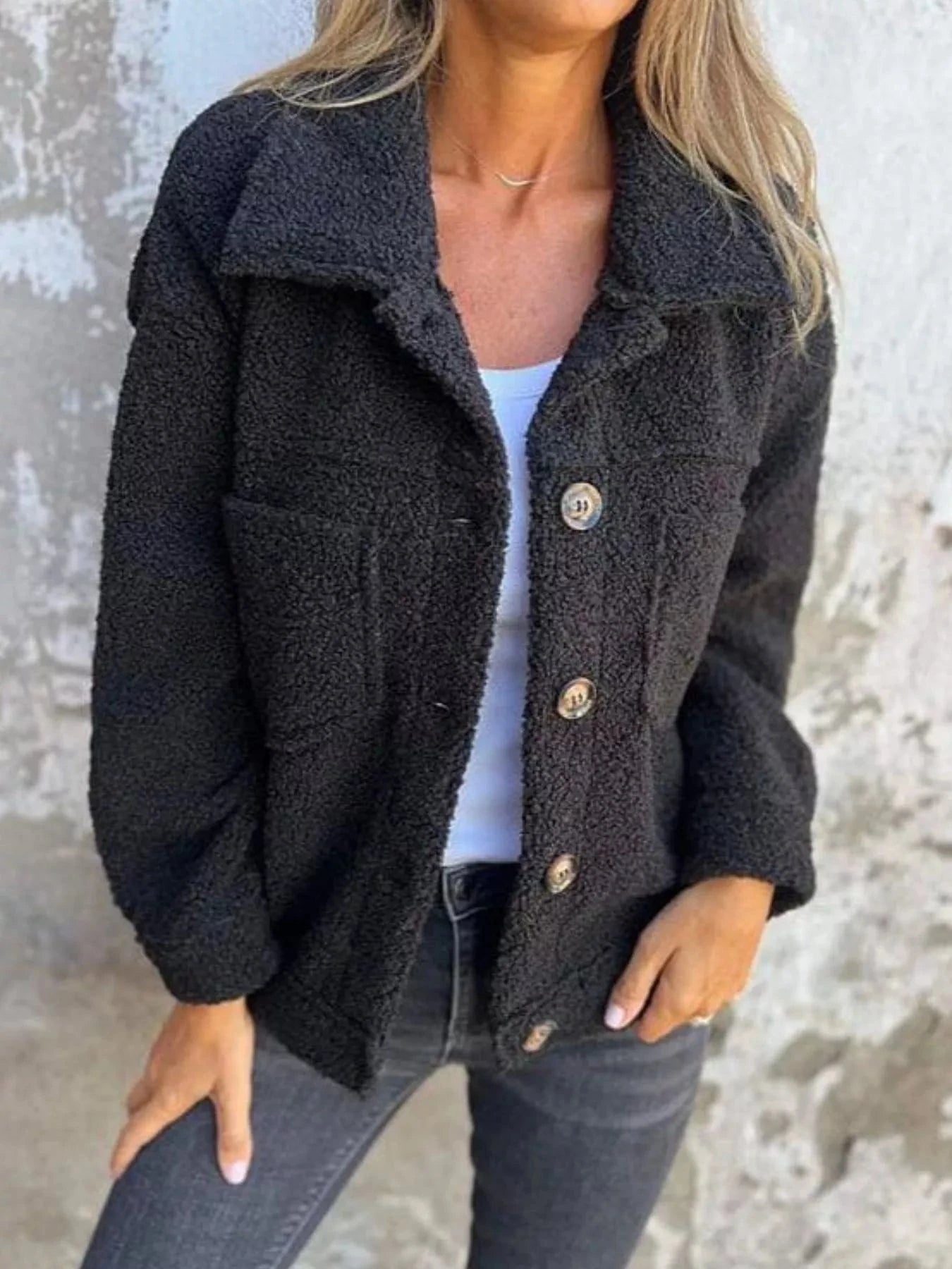 Full Size Single-Breasted Sherpa Shacket Plus Size Trendsi