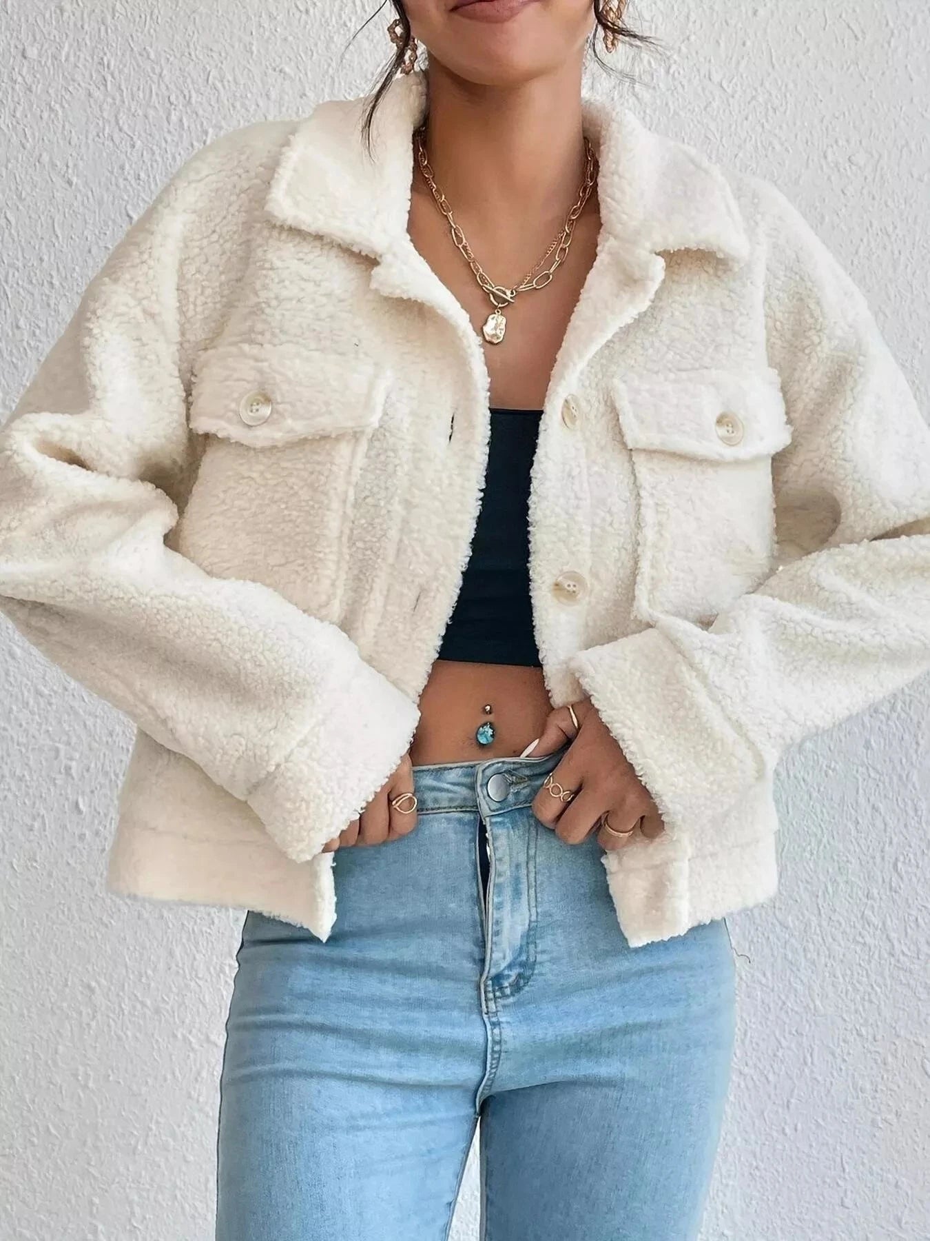 Full Size Cozy Faux Shearling Button-Up Jacket Plus Size Trendsi