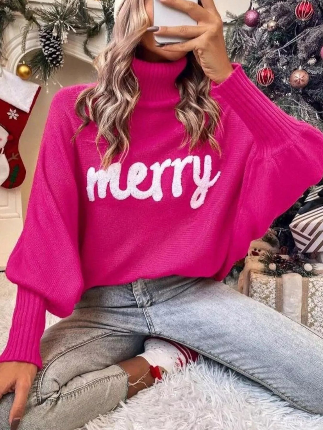 Merry Turtleneck Long Sleeve Christmas Sweater Trendsi