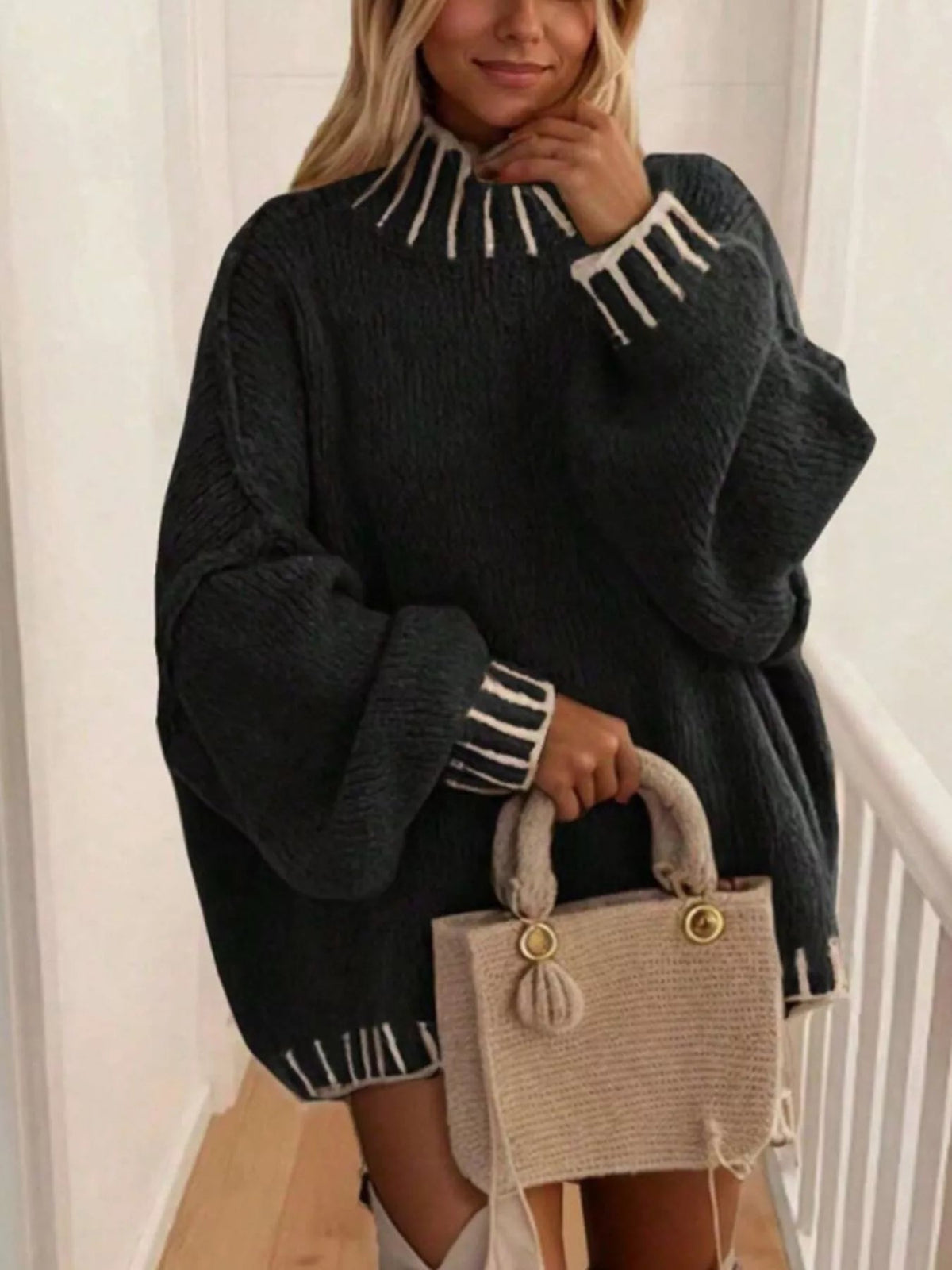 Contrast Trim Chunky Knit Sweater Trendsi