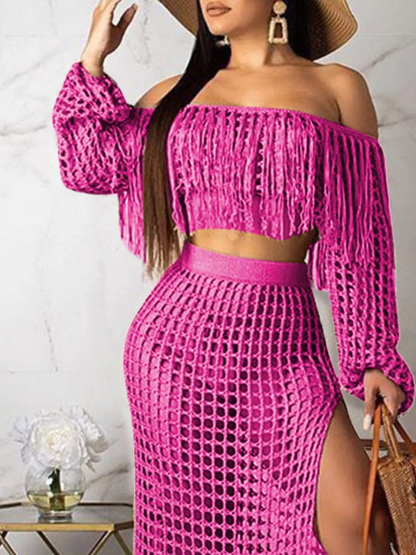 Full Size Crochet Off-Shoulder Fringe Top and Skirt Set Plus Size Trendsi