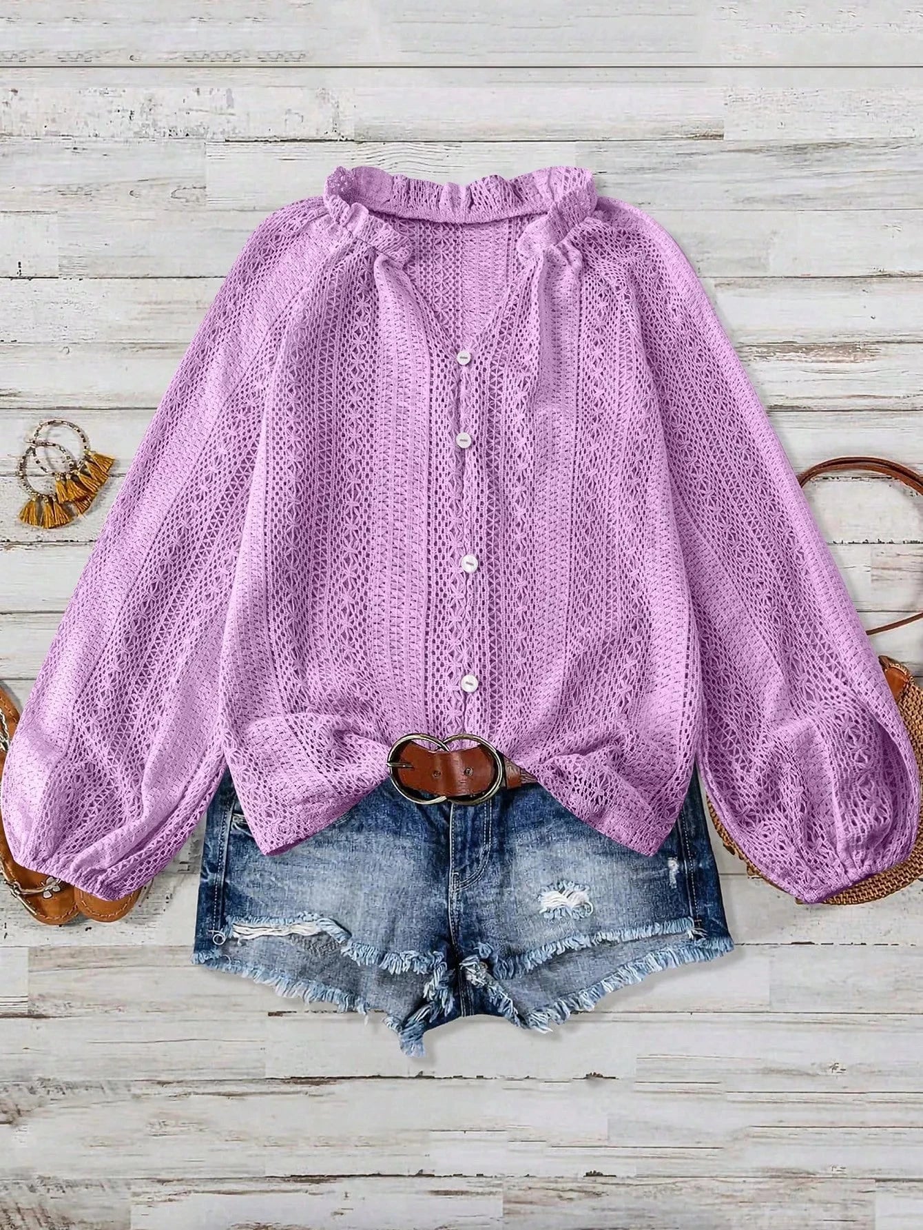 Lace Notched Long Sleeve Shirt