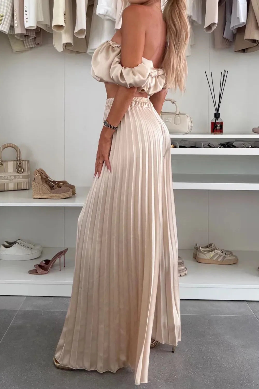 Off-Shoulder Top and Pleated Pants Set Luckygirlsclothingcompany.com