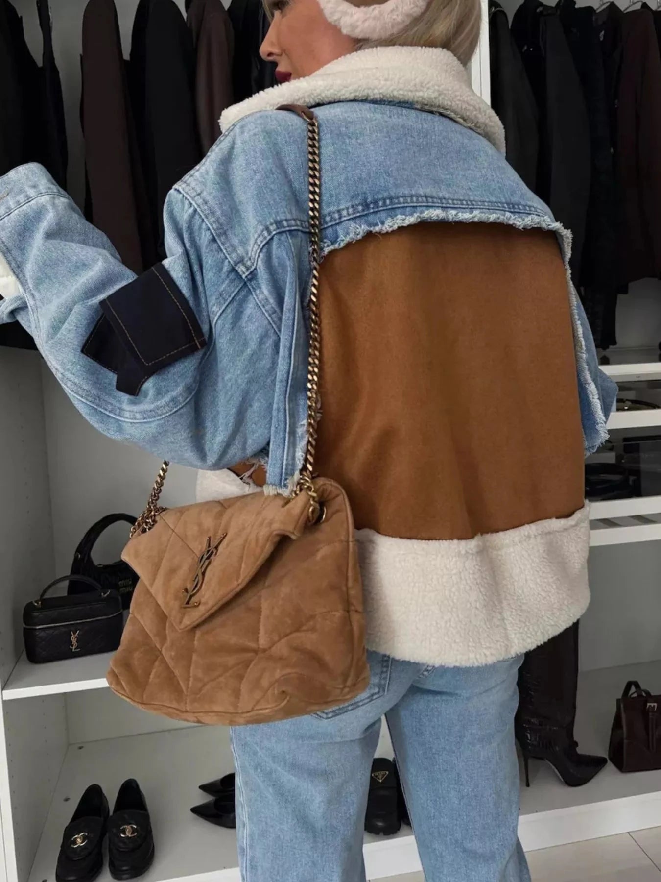 Raw Hem Sherpa Lined Denim Jacket Trendsi