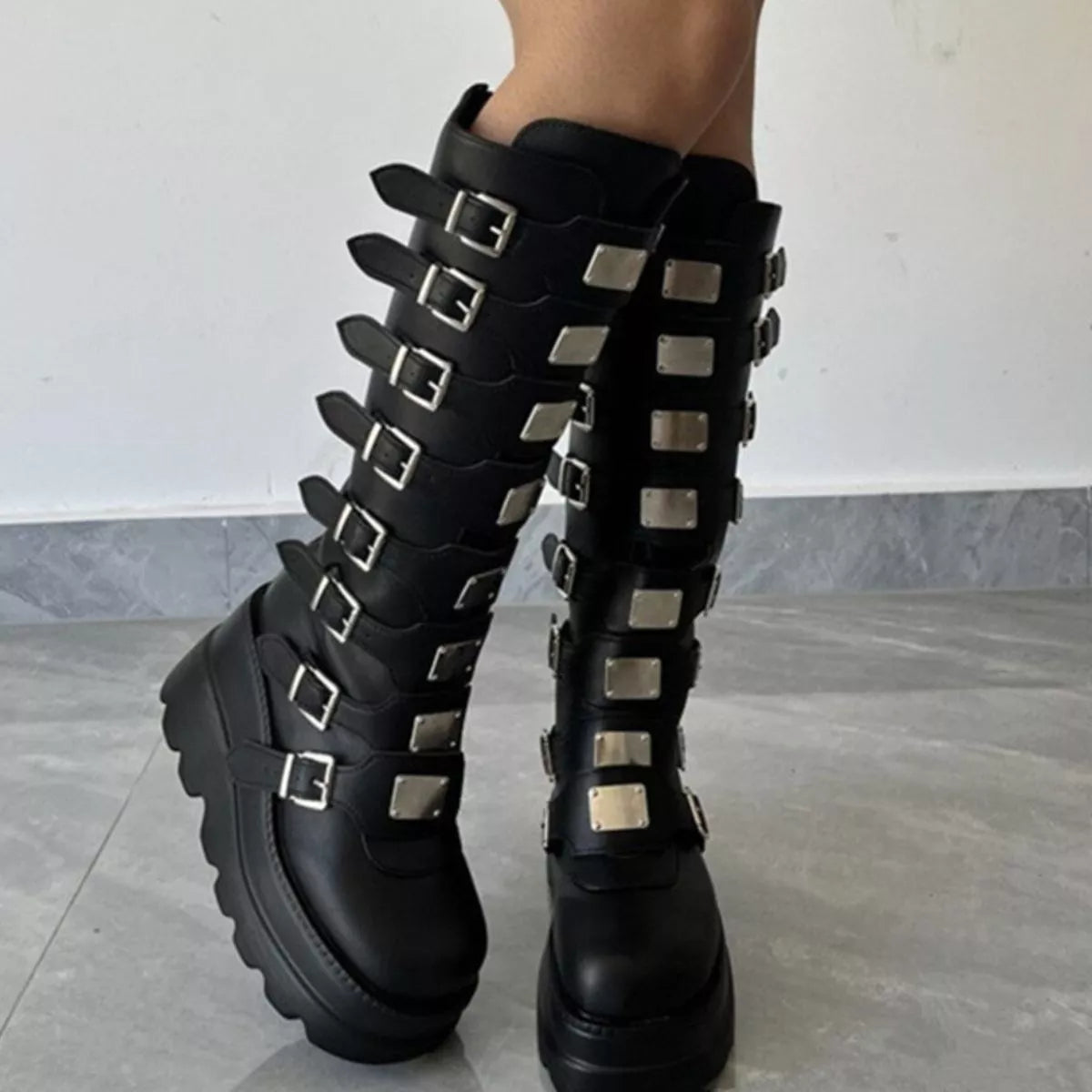 Multi-Buckle Platform Knee-High Boots Trendsi