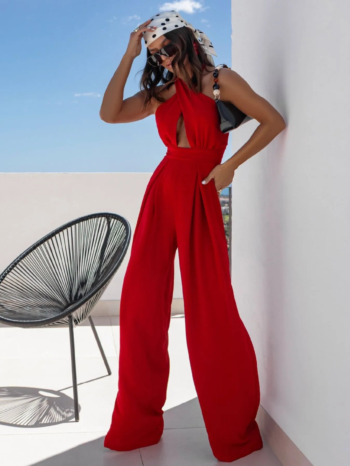 Wide Leg Cutout Halter Neck Jumpsuit Trendsi