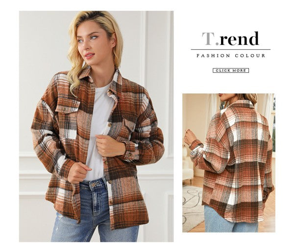 Brown Plaid Flap Pockets Shacket YNIQUE