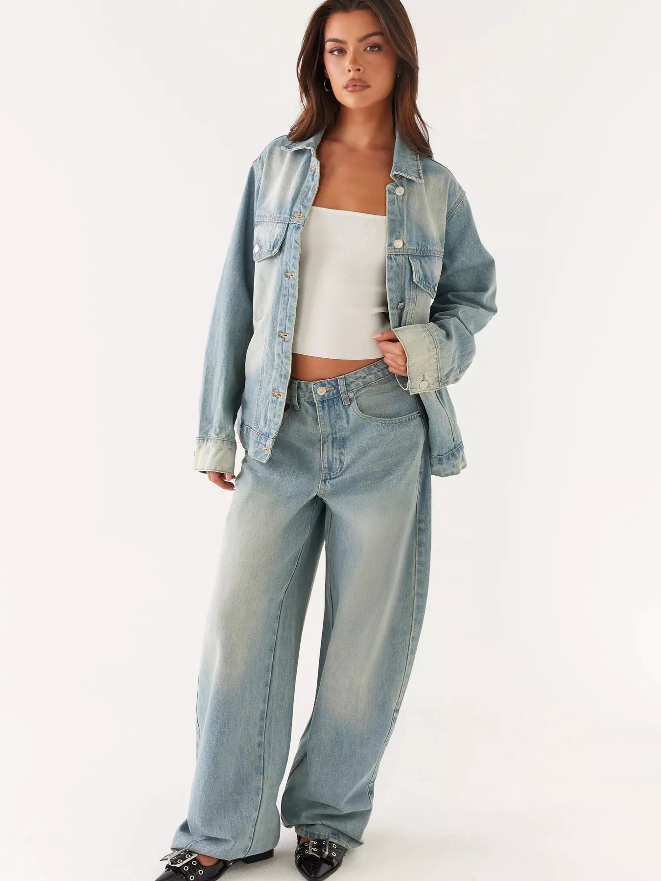 Button Up Denim Jacket and Jeans Set Trendsi