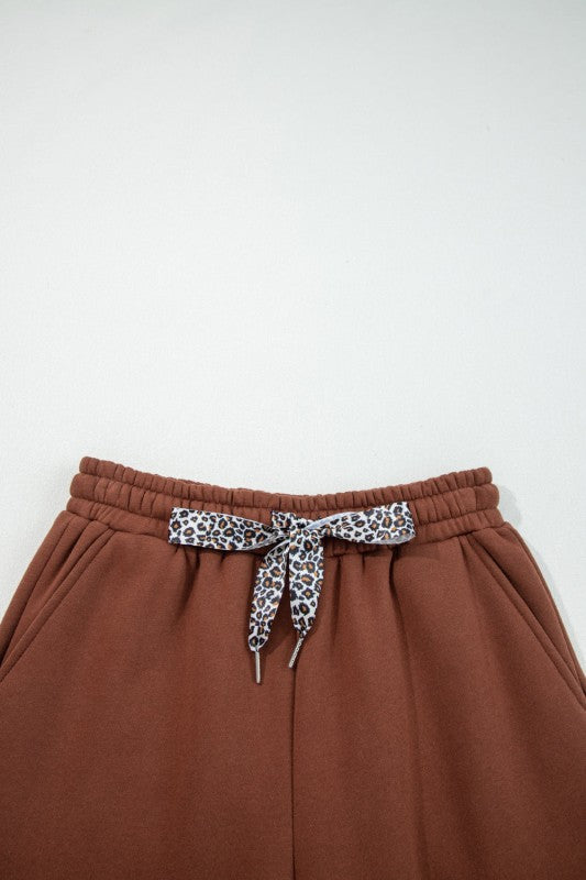 Leopard Drawstring Fleece Lined Elastic Waist Pant