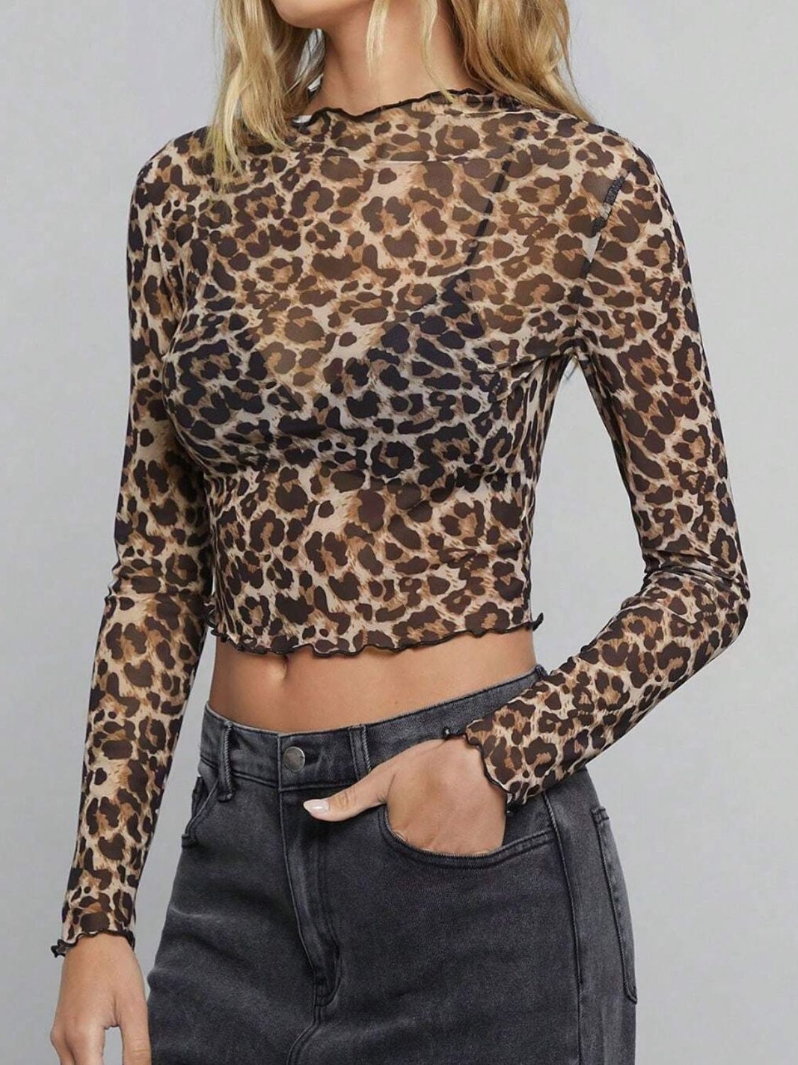Leopard Mock Neck Long Sleeve Sheer Top Trendsi