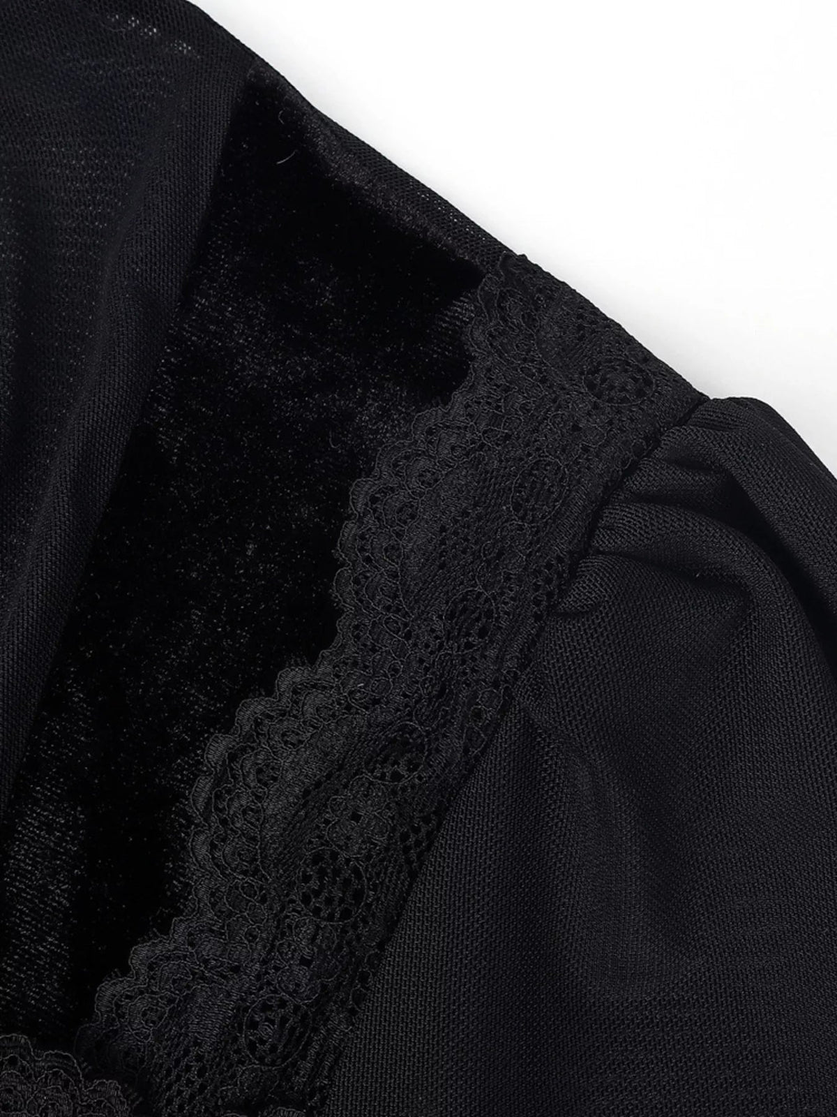 Lace Trim Velvet Sheer Sleeve Blouse Trendsi