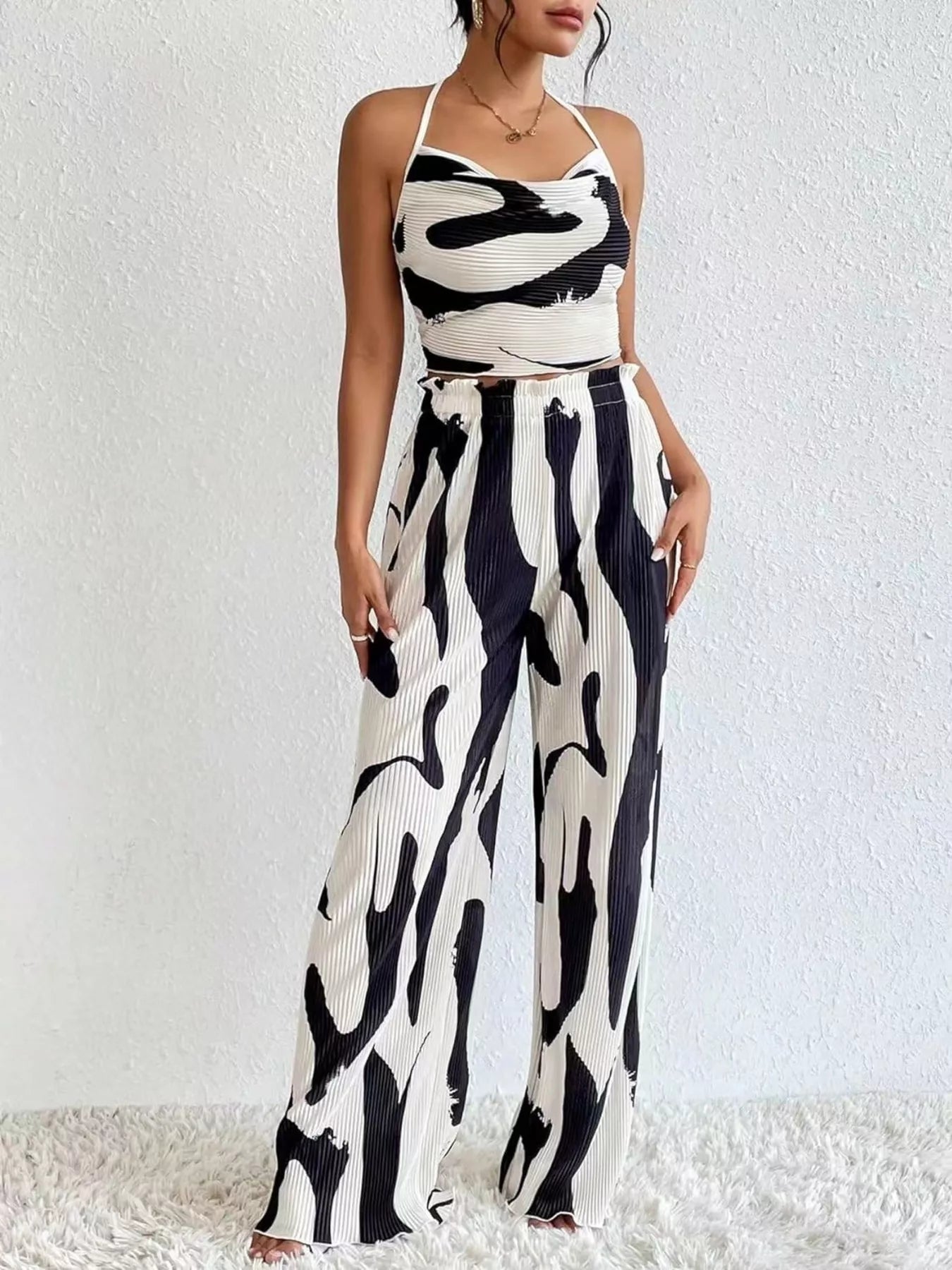 Abstract Print Halter Neck Crop Top and Wide Leg Pants Set Trendsi