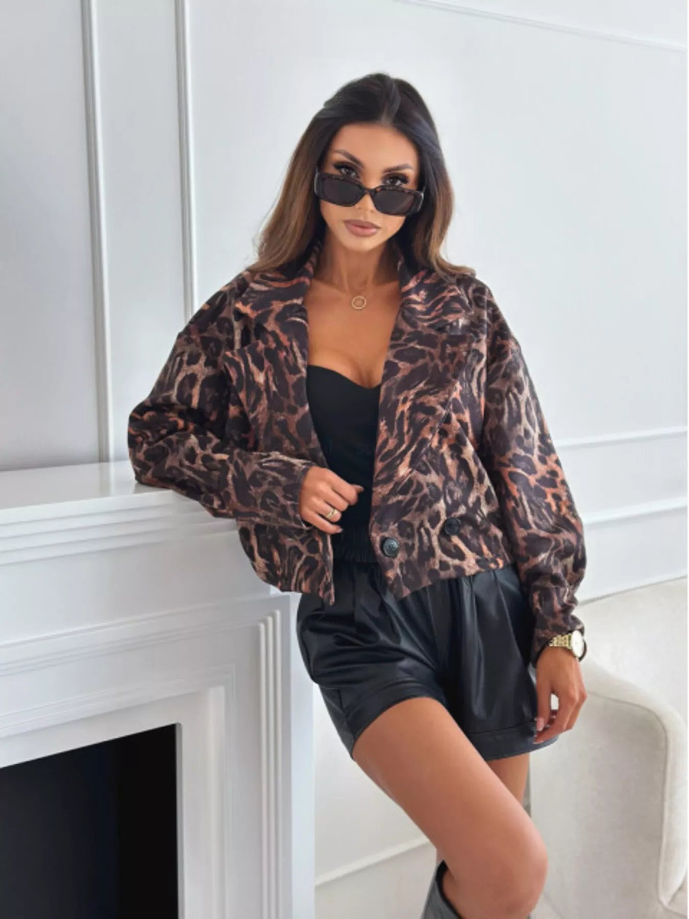 Leopard Print Cropped Blazer Trendsi