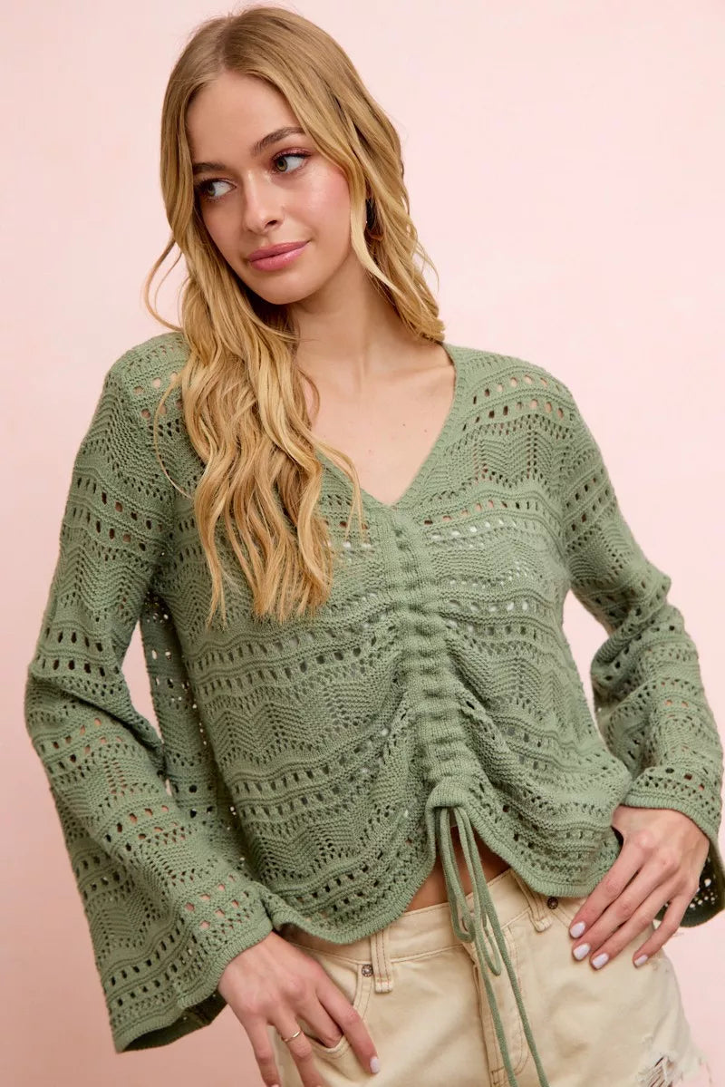BiBi Pointelle Knit V Neck Ruched Front Lightweight Top Trendsi