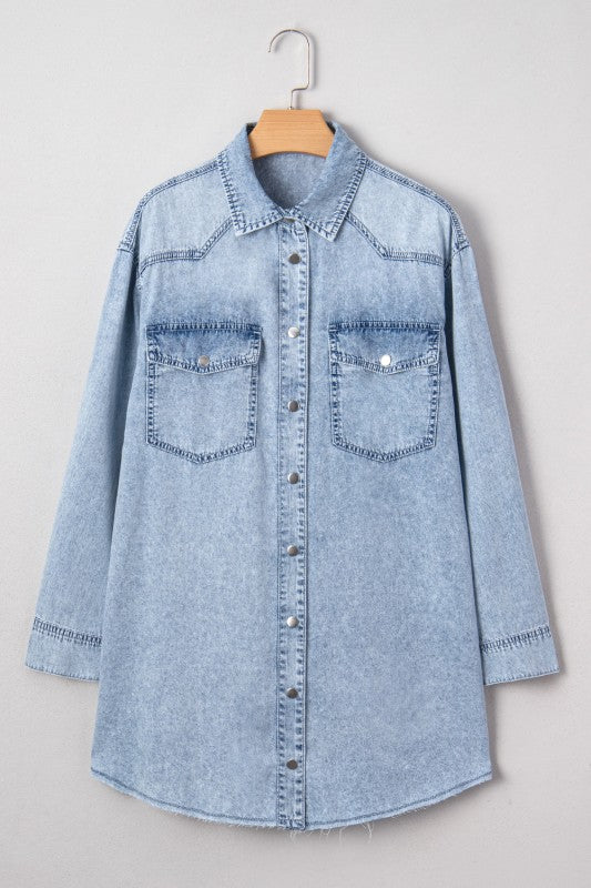 Solid Denim Chest Pocket Raw Hem Shirt