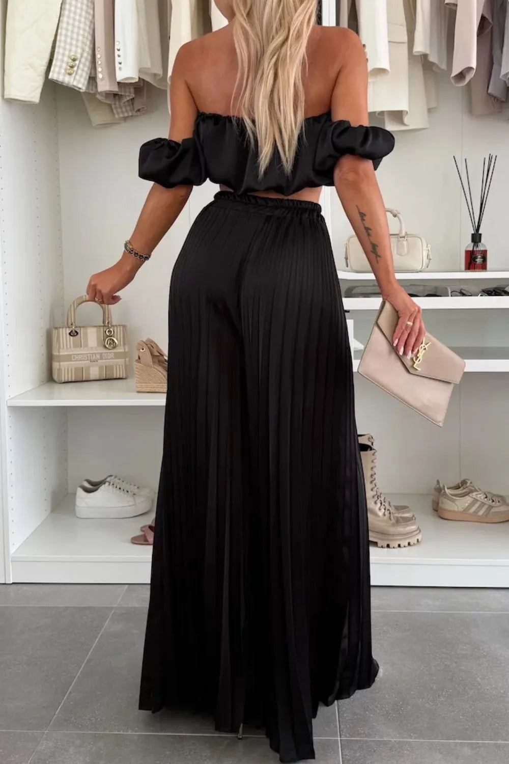 Off-Shoulder Top and Pleated Pants Set Luckygirlsclothingcompany.com