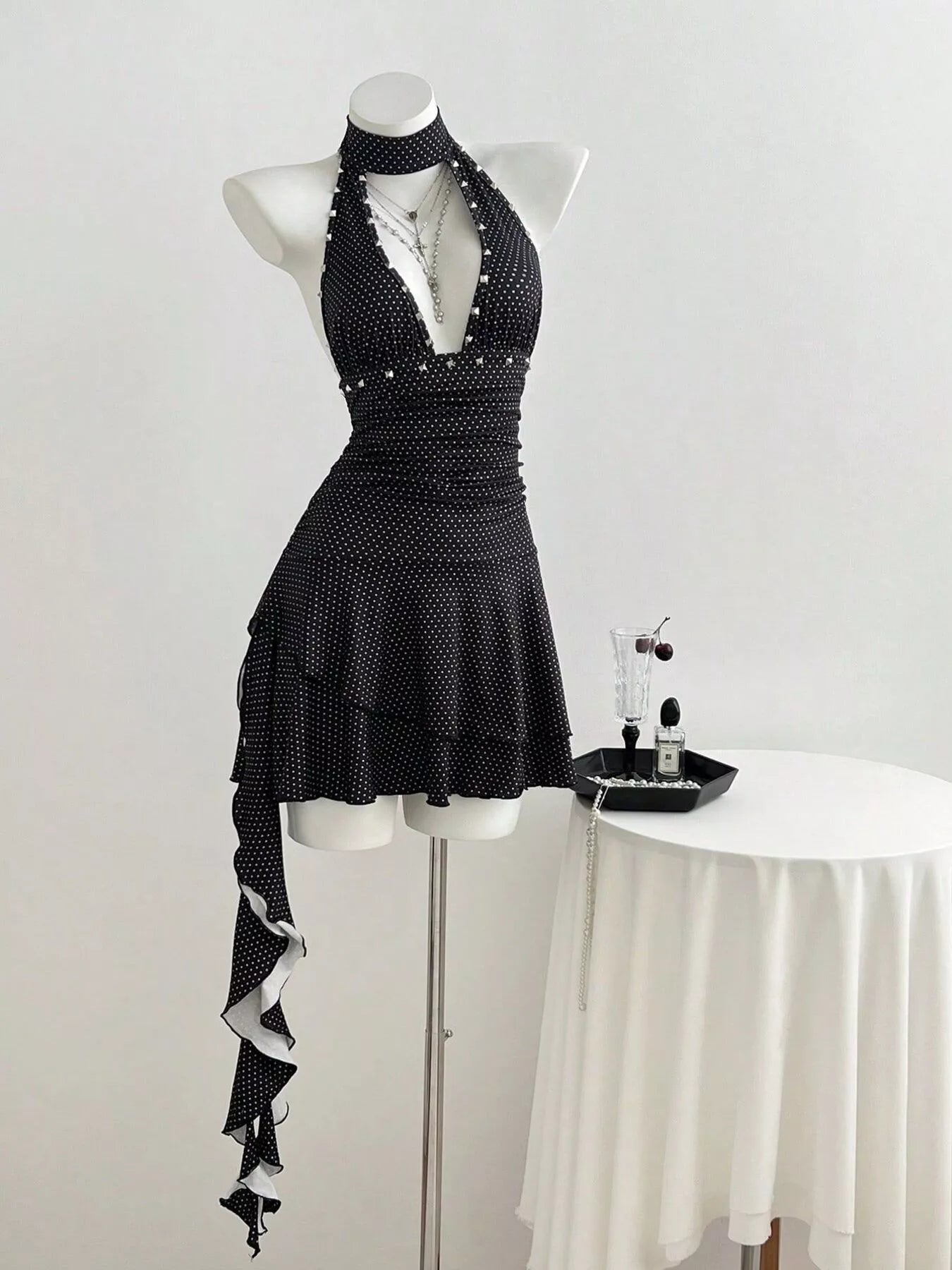 Polka Dot Cutout Front Halter Neck Dress Trendsi