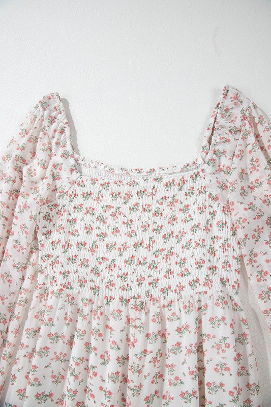 Floral Shirred Ruffled Hem Square Neck Midi Dress YNIQUE