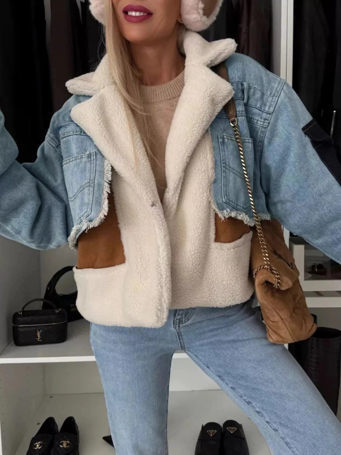 Raw Hem Sherpa Lined Denim Jacket Trendsi