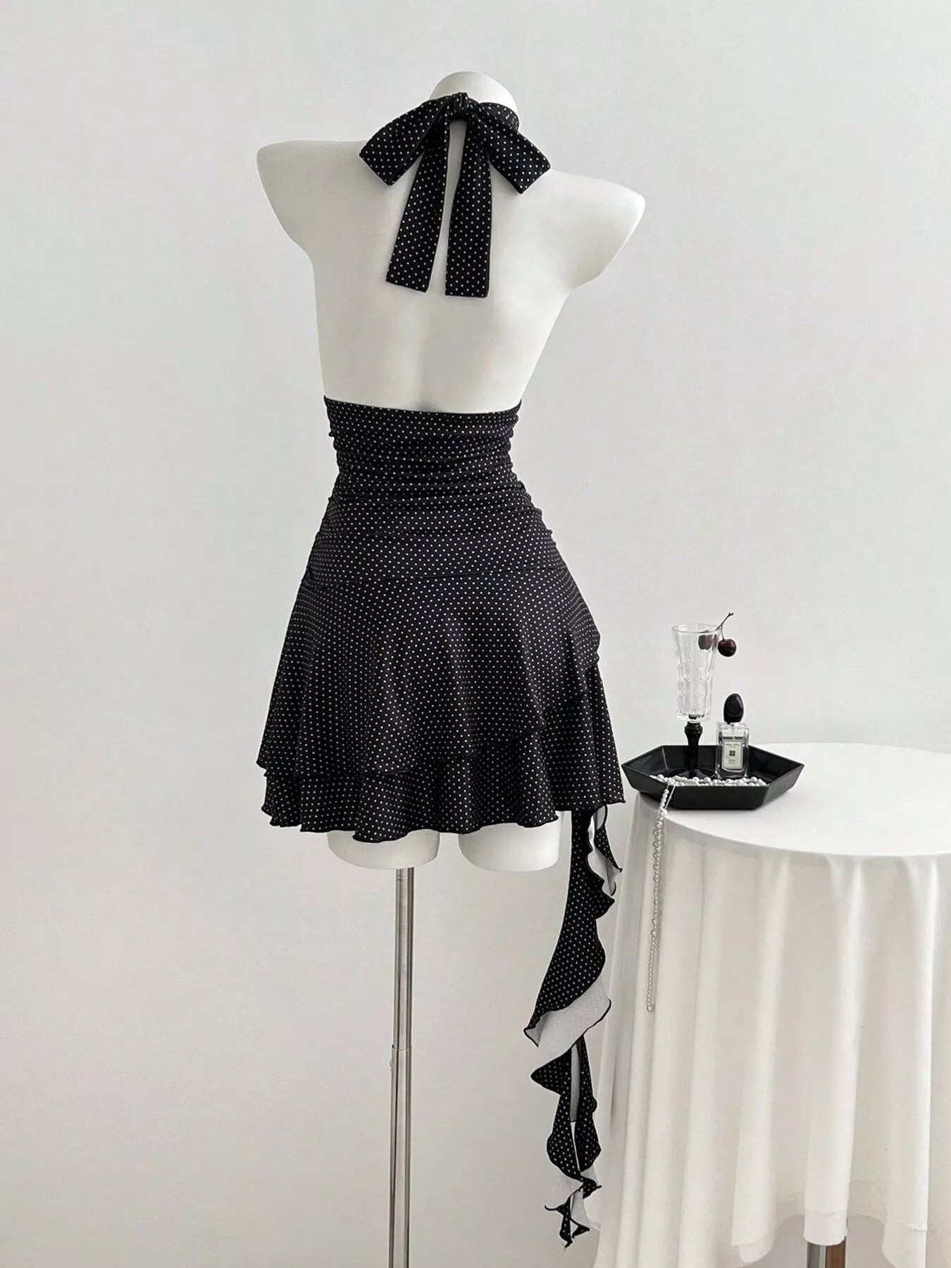 Polka Dot Cutout Front Halter Neck Dress Trendsi