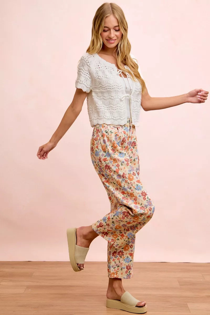 BiBi Washed Floral Printed Twill Barrel Pants Trendsi