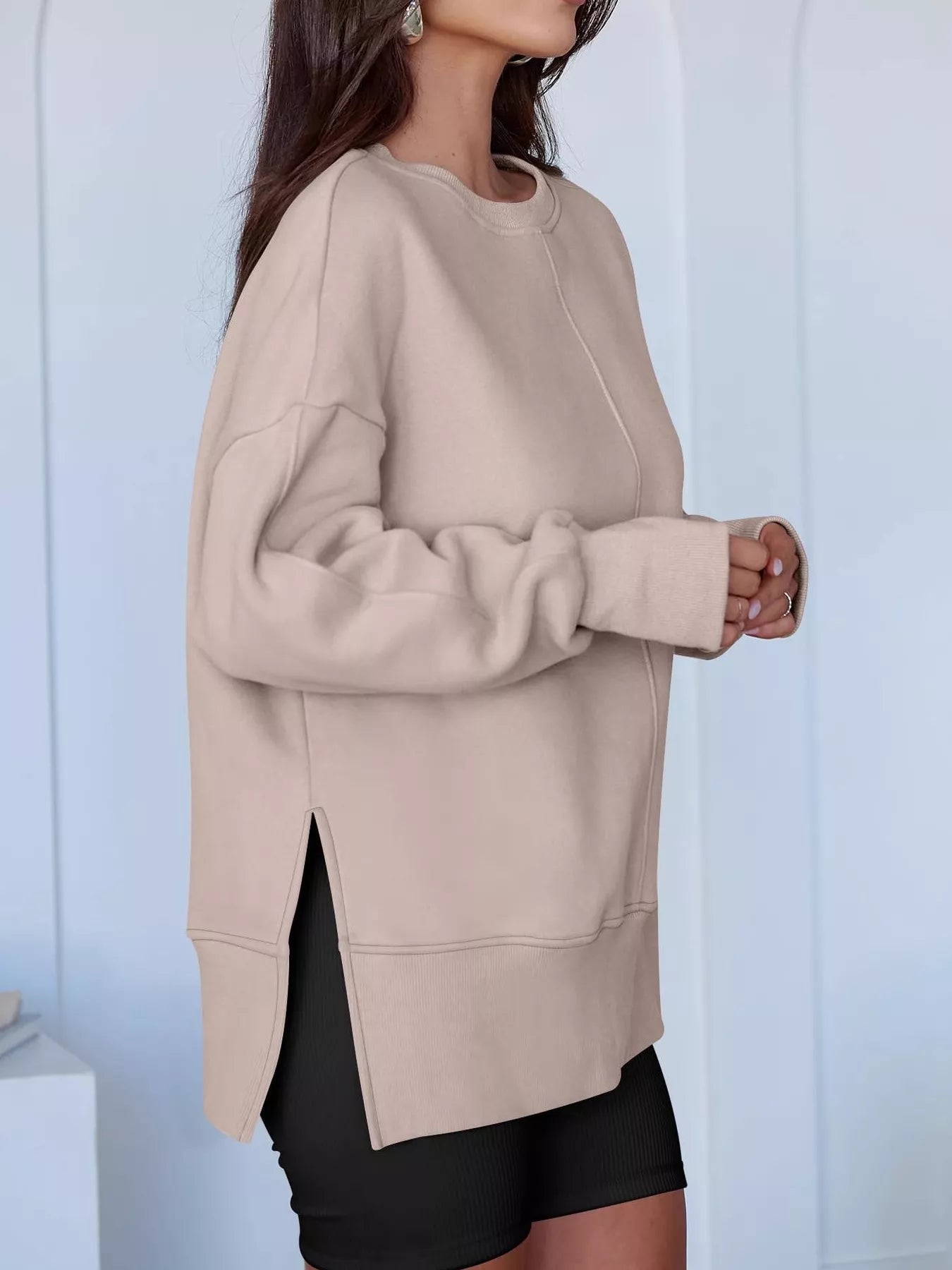 Side Slit Round Neck Long Sleeve Sweatshirt