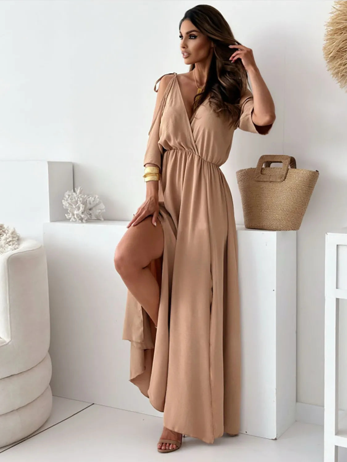 Tied Shoulder Slit Maxi Dress Trendsi