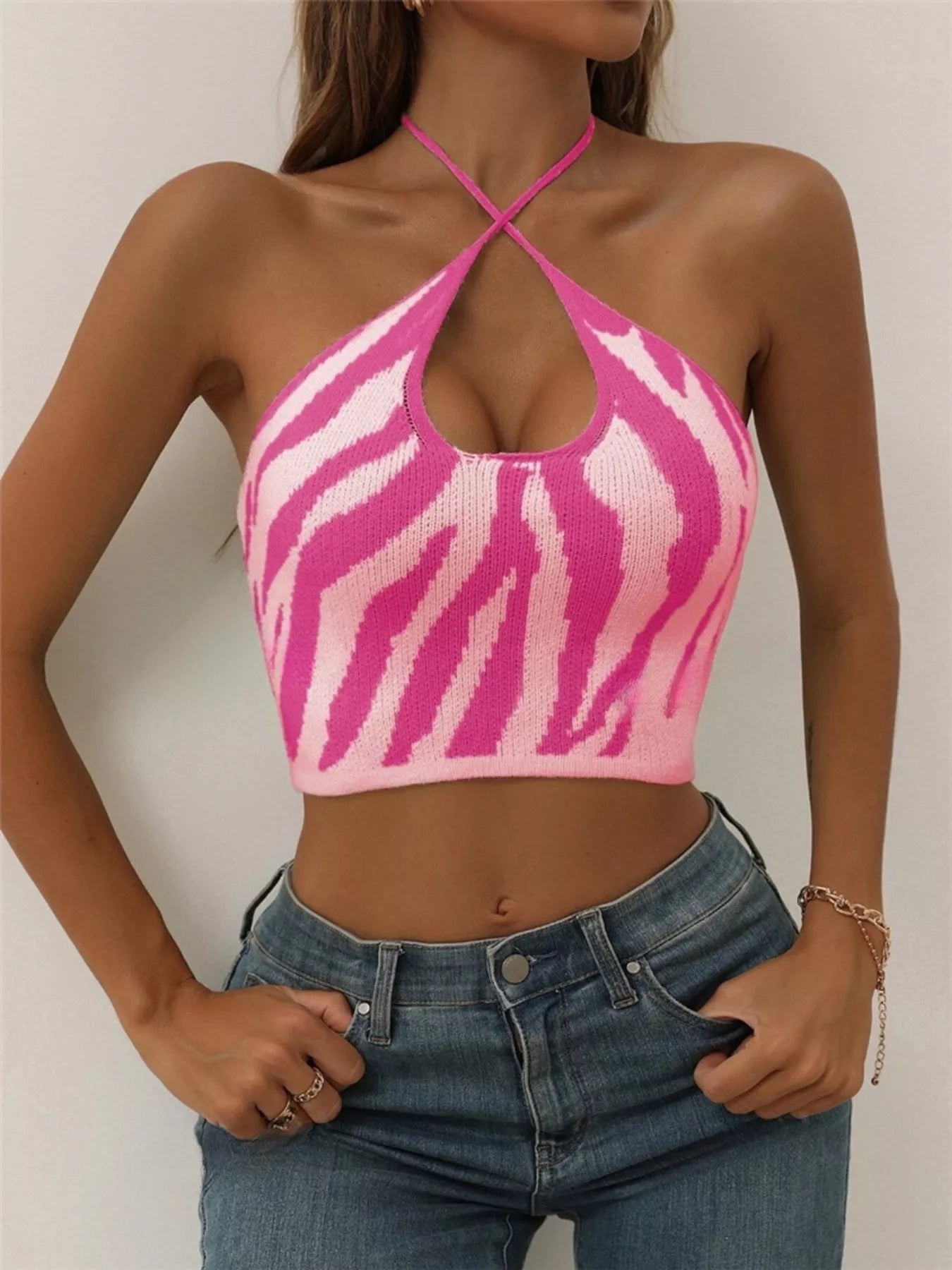 Contrast Halter Neck Knit Cami Trendsi