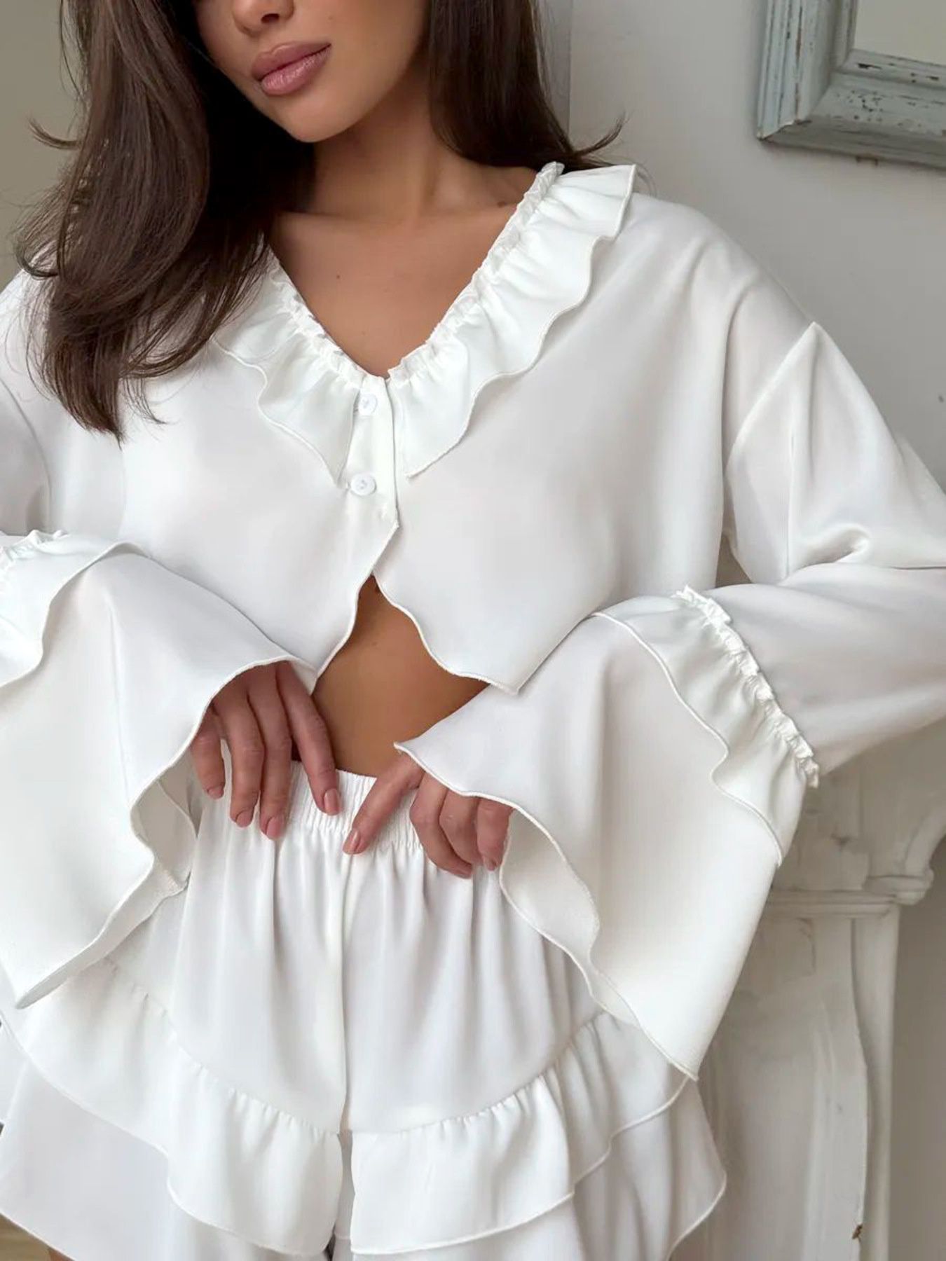 Ruffled V-Neck Top and Shorts Set Trendsi