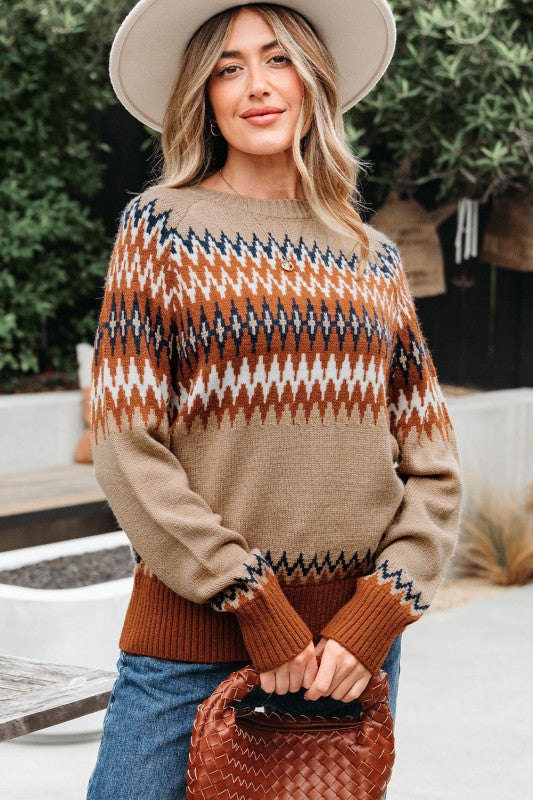 Western Aztec Geometric Colorblock Crewneck Sweate JUNIPER BLVD