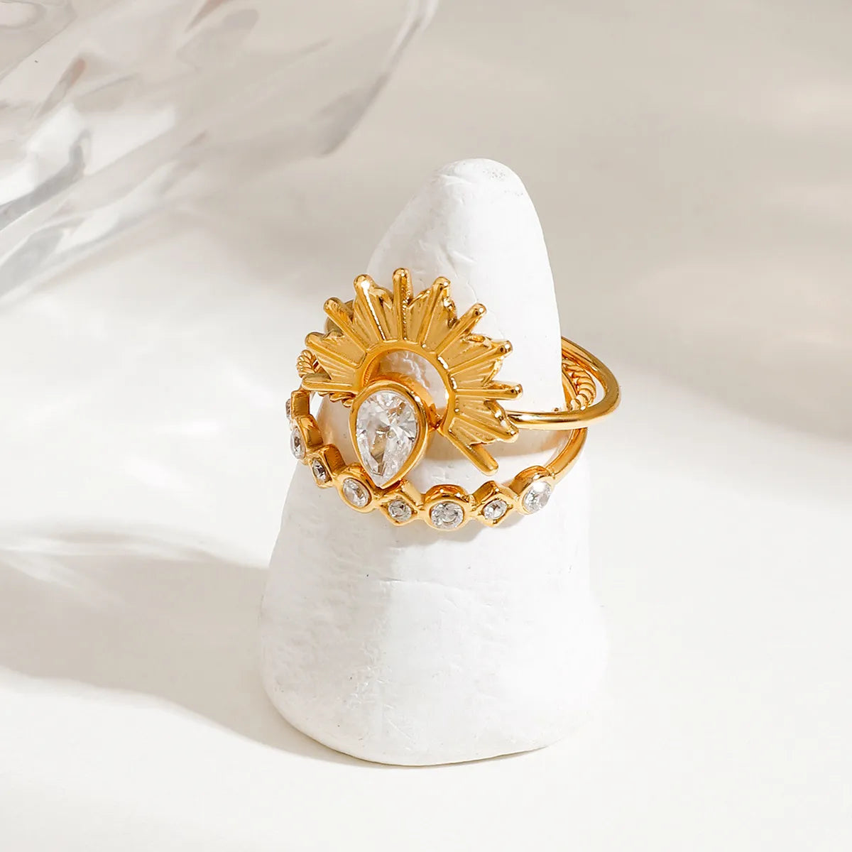 3 Piece Stainless Steel Rhinestone Sunburst Crown Ring Trendsi