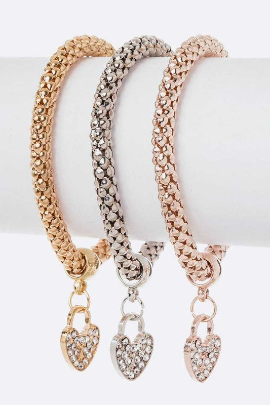 Heart Charm 3 Tone Popcorn Bracelet Set LA Jewelry Plaza