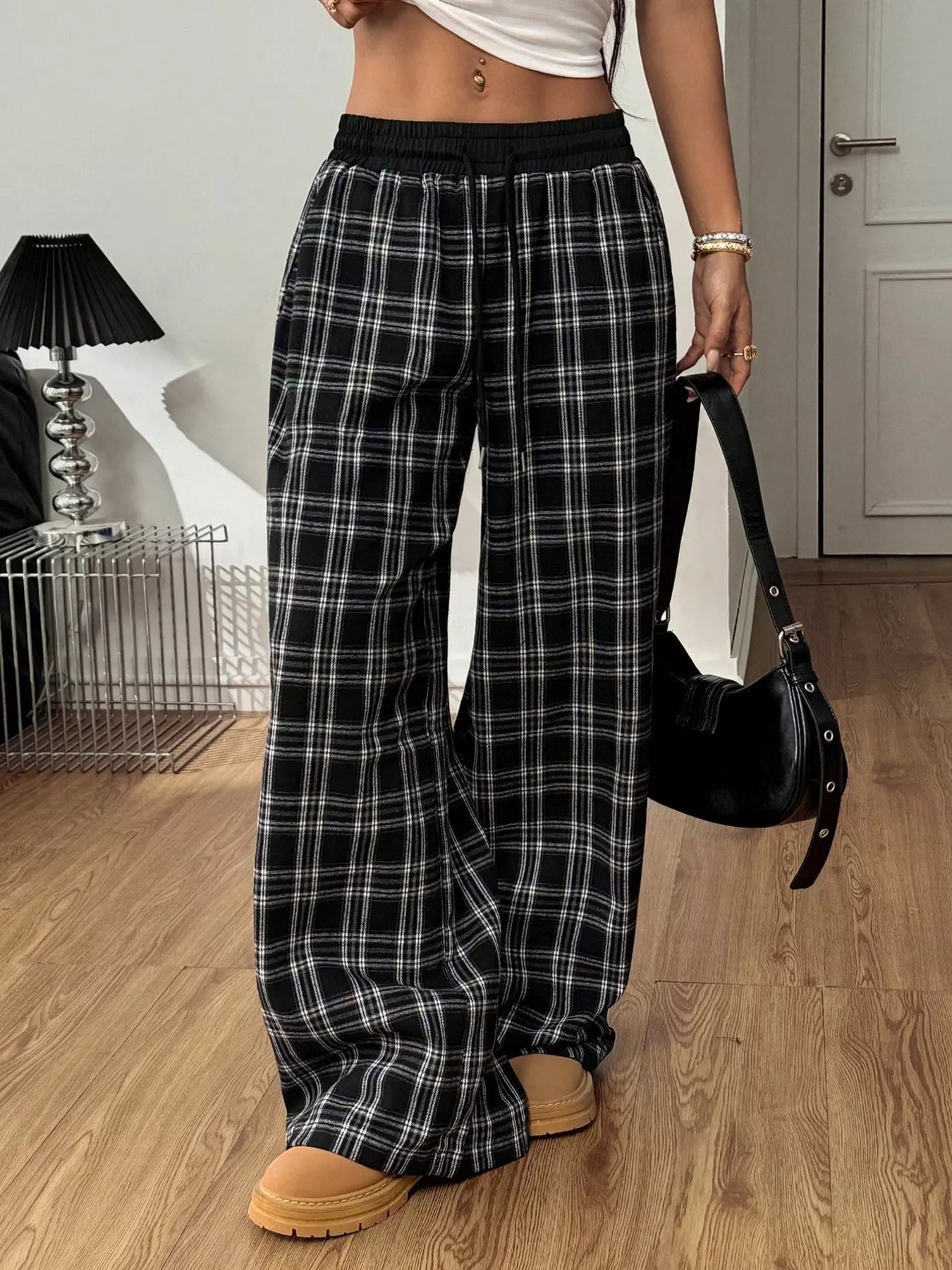 Plaid Wide-Leg Pants with Elastic Waistband T