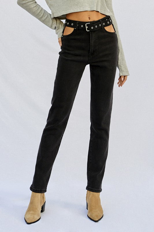 Cut Out Front Pocket Straight Jeans Denim Lab USA