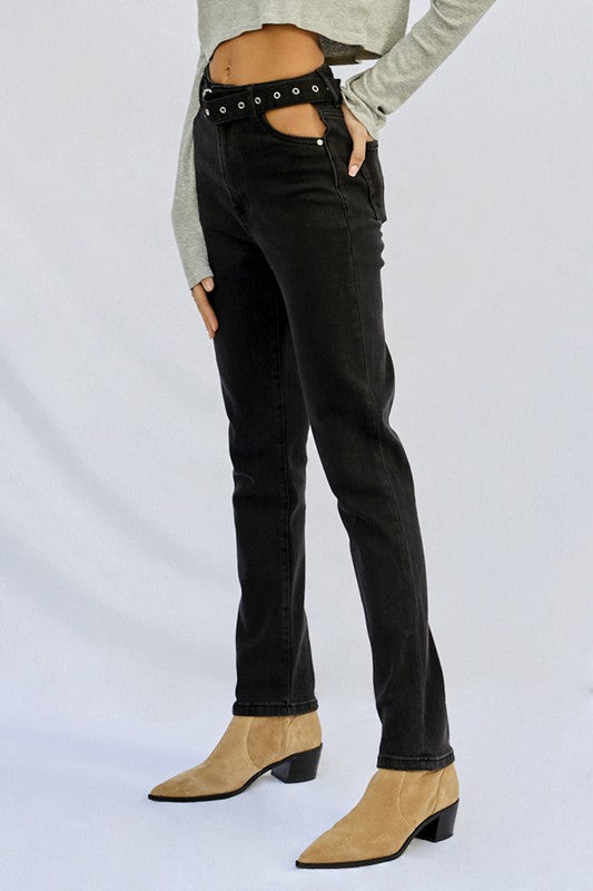 Cut Out Front Pocket Straight Jeans Denim Lab USA