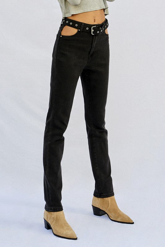 Cut Out Front Pocket Straight Jeans Denim Lab USA