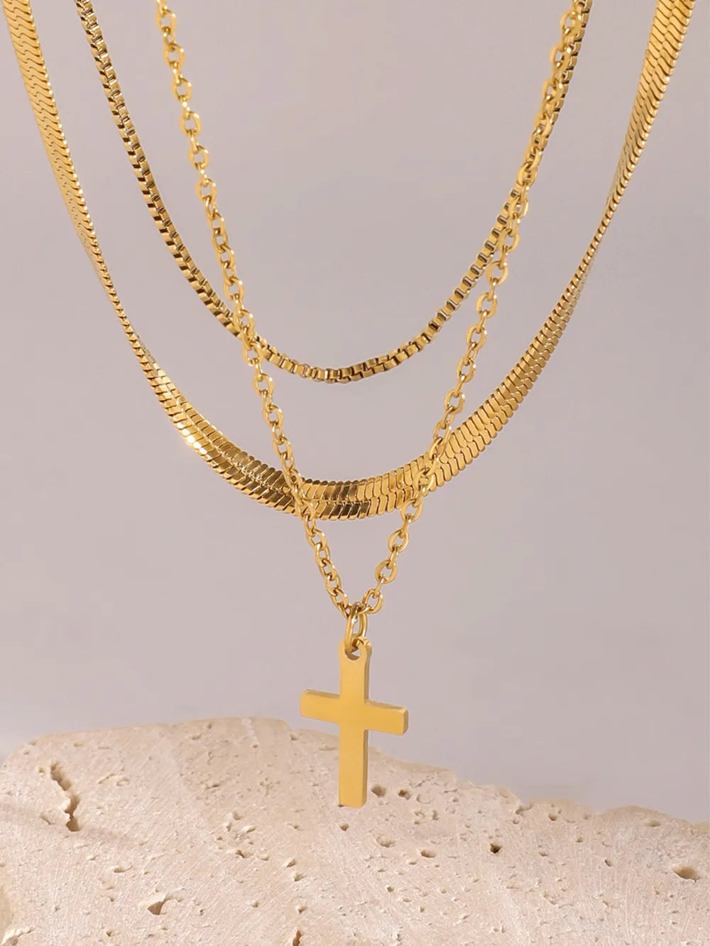 18K Gold-Plated Three-Layered Cross Necklace Trendsi