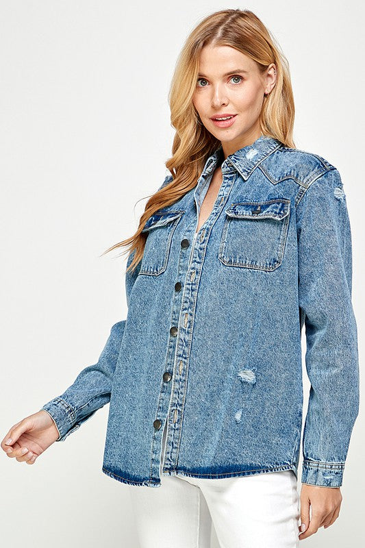 Women's Distressed Denim Shirts Blue Age