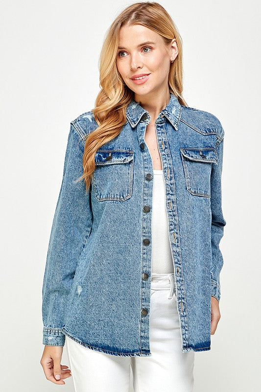 Women's Distressed Denim Shirts Blue Age
