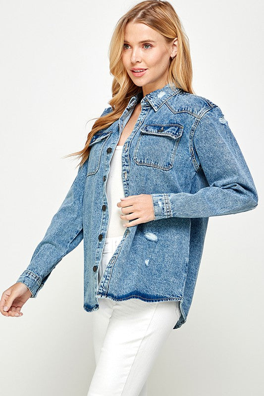 Women's Distressed Denim Shirts Blue Age