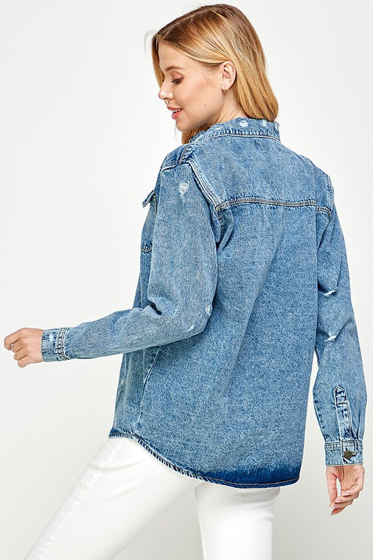 Women's Distressed Denim Shirts Blue Age