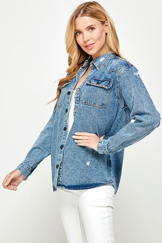 Women's Distressed Denim Shirts Blue Age