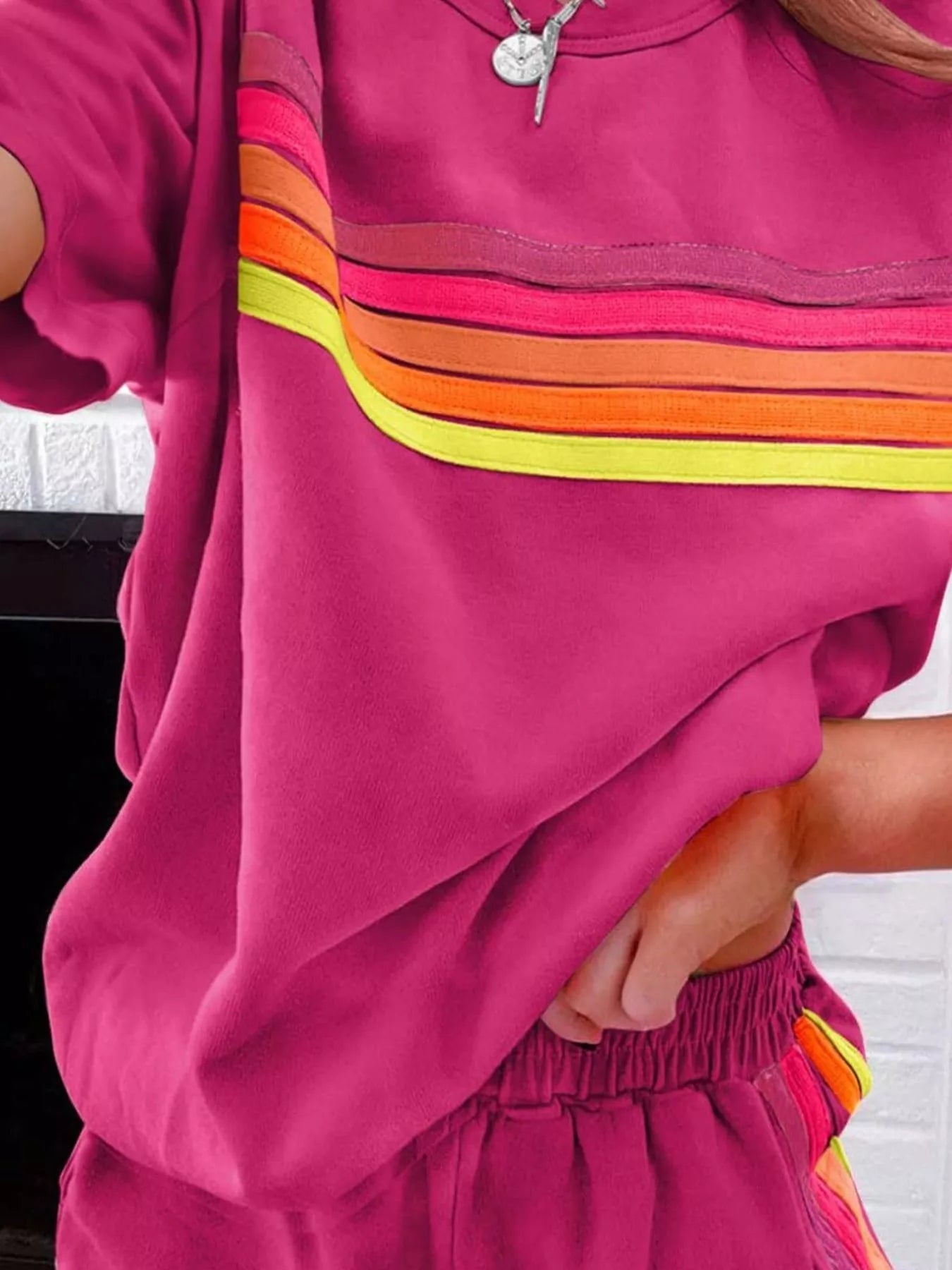 Rainbow Striped Round Neck Top and Shorts Set Trendsi