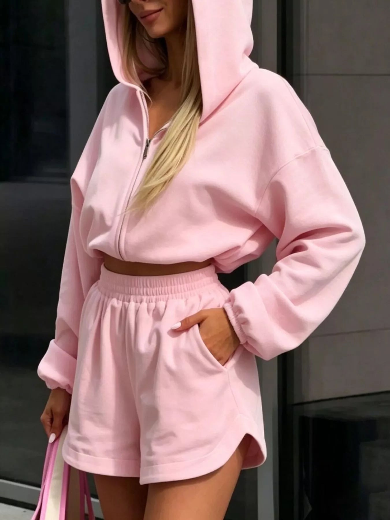 Zip Up Crop Hoodie and Shorts Set Trendsi