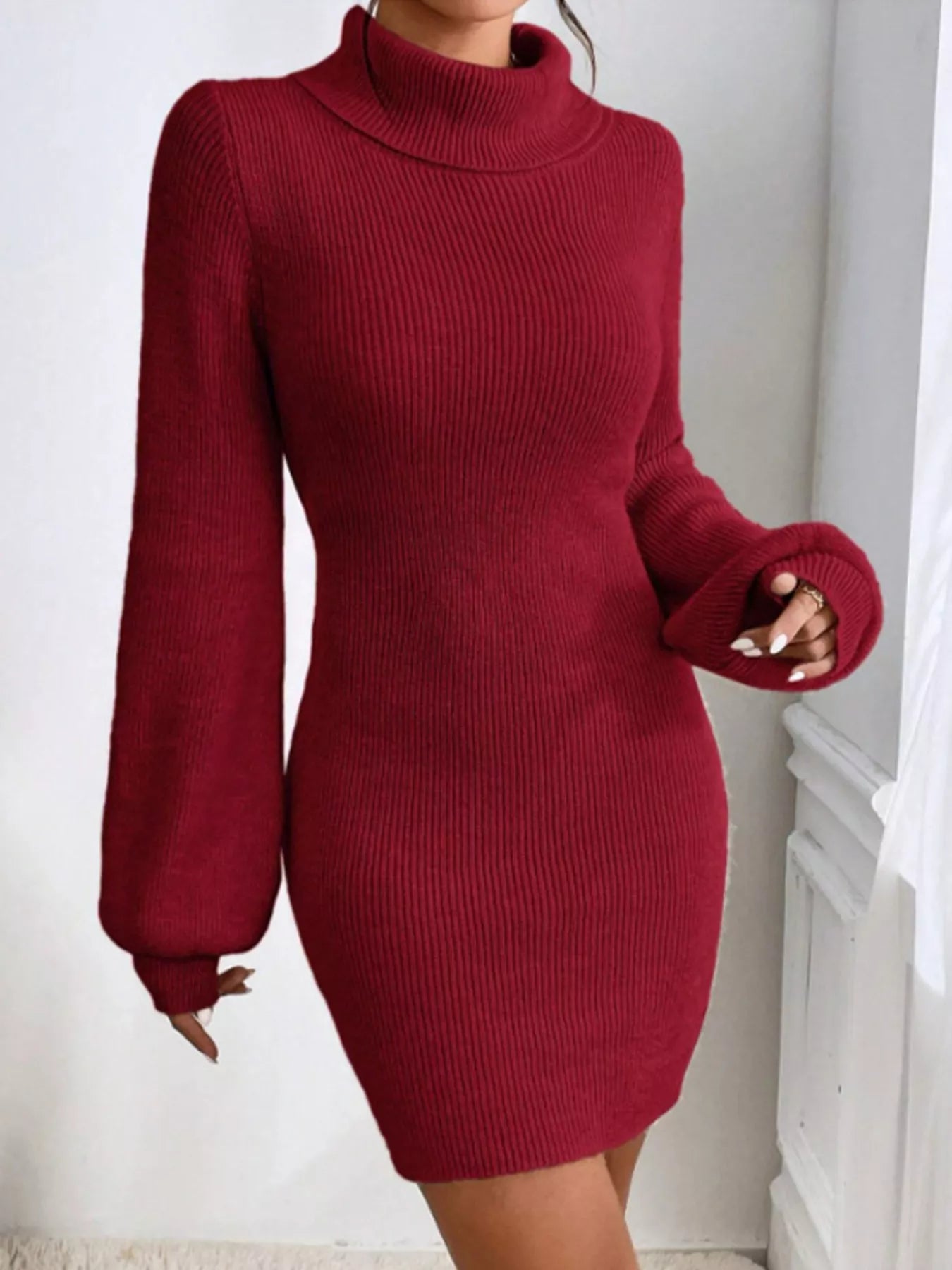 Turtleneck Ribbed Knit Sweater Dress Trendsi
